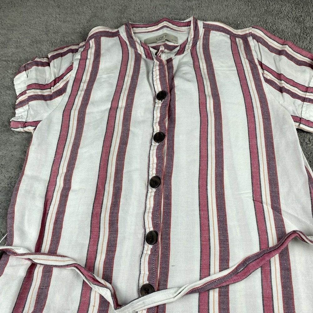LOFT Linen Shift Dress Button Down Tie Belt Womens 2P Petite Striped White Pink - Picture 2 of 13